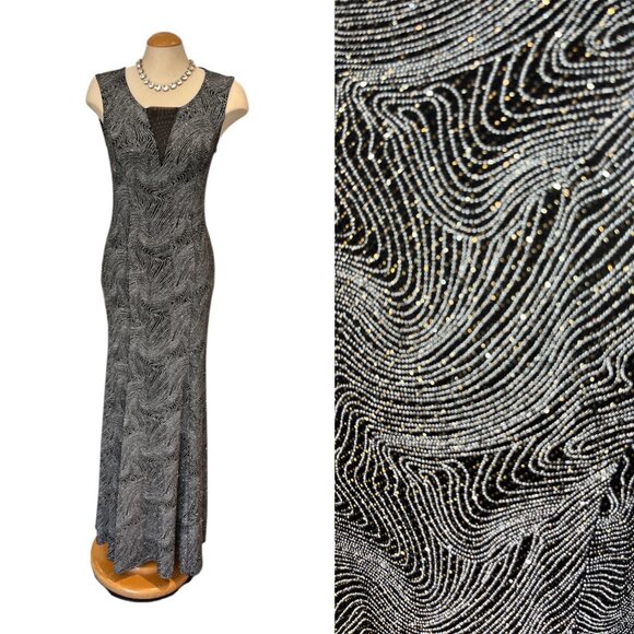 OLIVIA MATTHEWS Long Gown Size Medium Glittery Fabric Bodycon Plunge Flare Hem - Picture 3 of 13